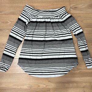 Red haute black and white striped off the shoulder shirt size xs